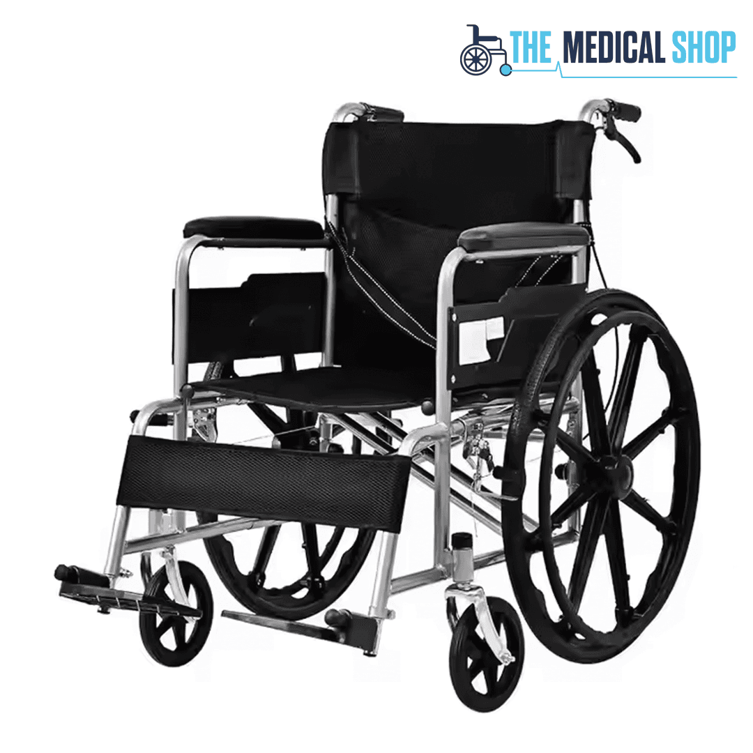Fauteuil Roulant Chromé avec Accoudoirs Fixes et Confort Optimal
